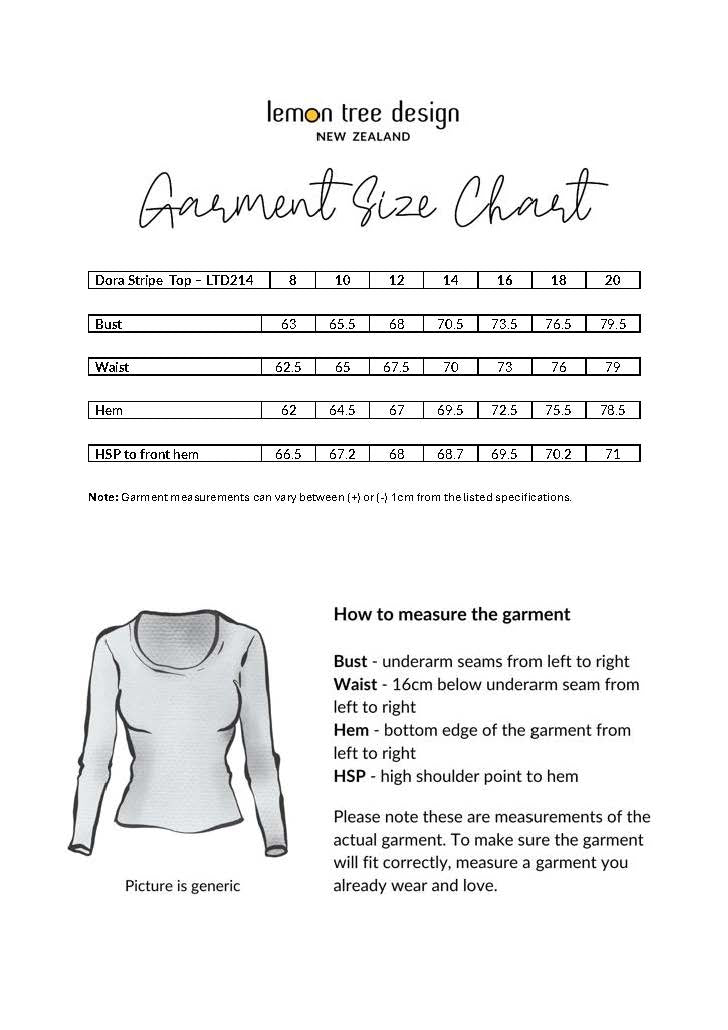 Dora Top size chart showing bust, waist, and hem measurements for sizes 8 to 20.