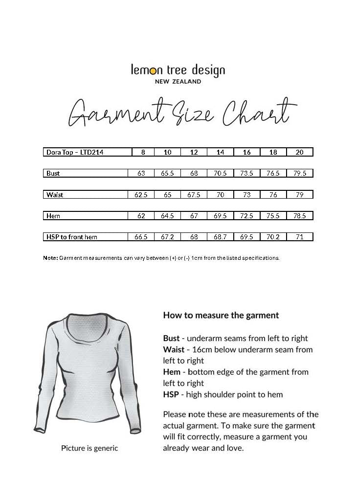 Dora Top size chart showing bust, waist, and hem measurements for sizes 8 to 20.