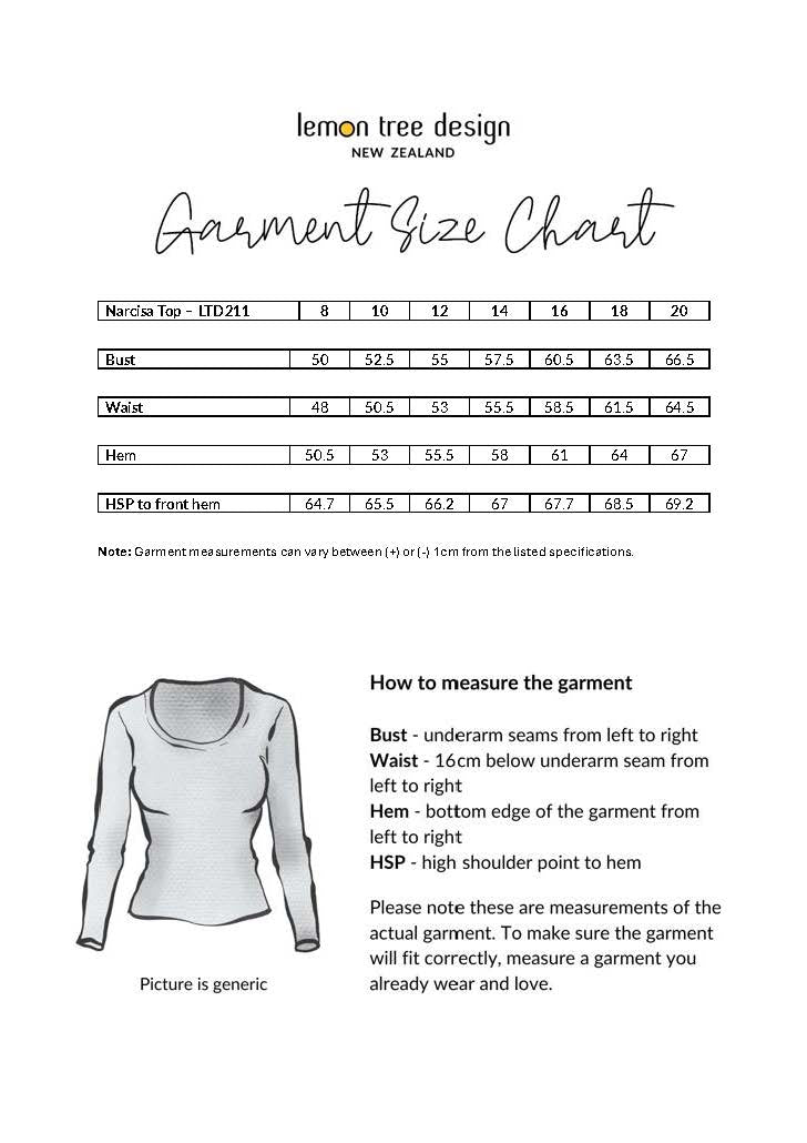 Narcisa Top size chart showing bust, waist, and hem measurements for sizes 8 to 20.