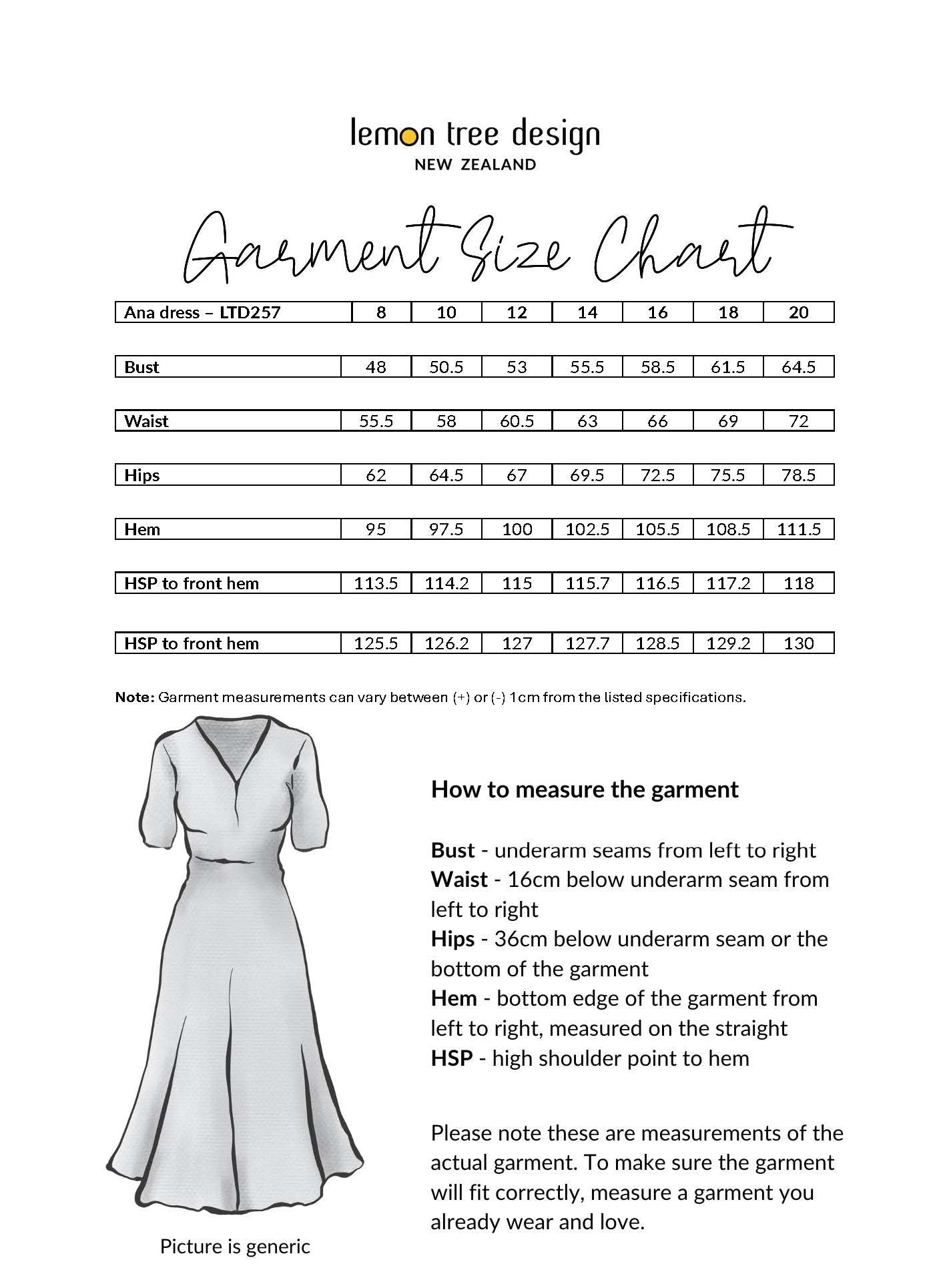 Ana Dress size chart, showing bust, waist, hips, and hem measurements for sizes 8 to 20.