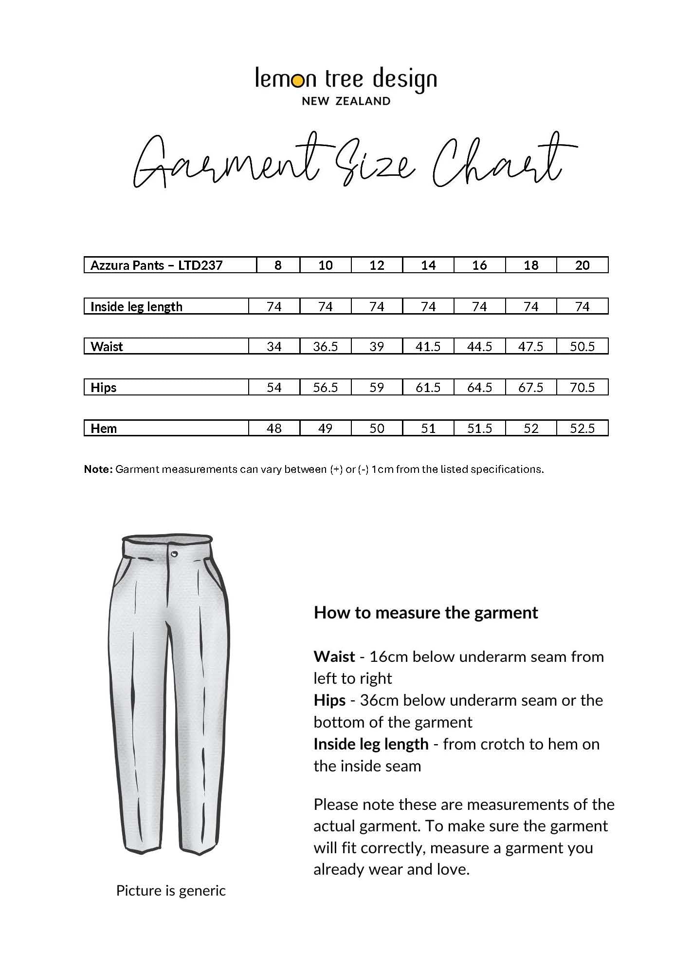 Azzura Pant size chart, showing inside leg length, waist, and hip measurements for sizes 8 to 20.