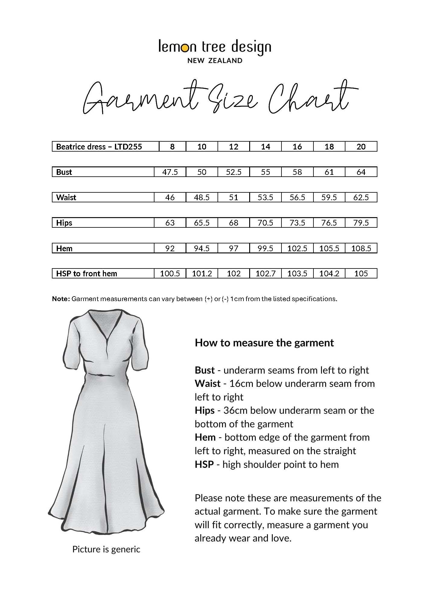Beatrice Dress size chart, showing bust, waist, hips, and hem measurements for sizes 8 to 20.