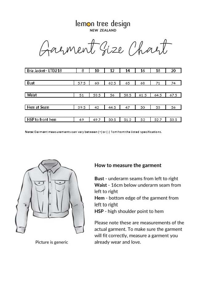 Bria Jacket size chart, showing bust, waist, and hem measurements for sizes 8 to 20.