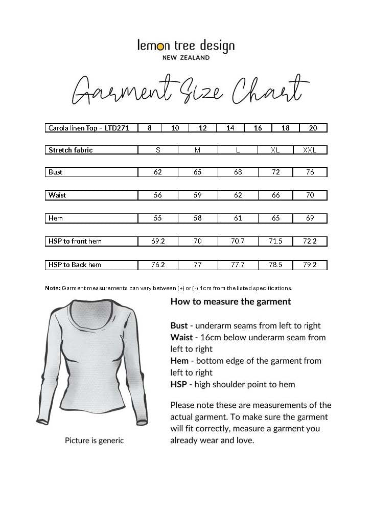 Carola Linen Top size chart, showing bust, waist, hips, and hem measurements for sizes 8 to 20.