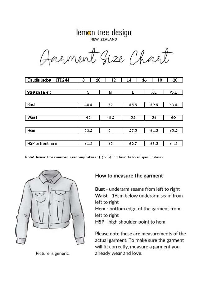 Claudia Sweat Jacket Navy size chart showing bust, waist, and hem measurements for sizes 8 to 20.