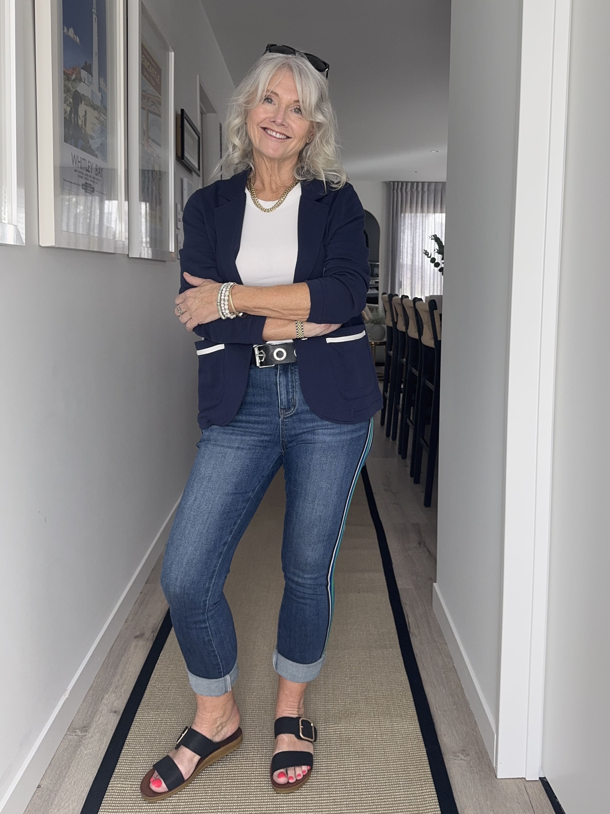 Claudia Sweat Jacket in navy with white contrast detailing on pockets, buttons, and collar, made from 100% cotton with functional front pockets.