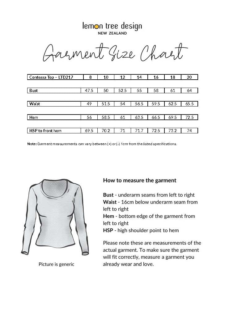 Contessa Top size chart, showing bust, waist, and hem measurements for sizes 8 to 20.
