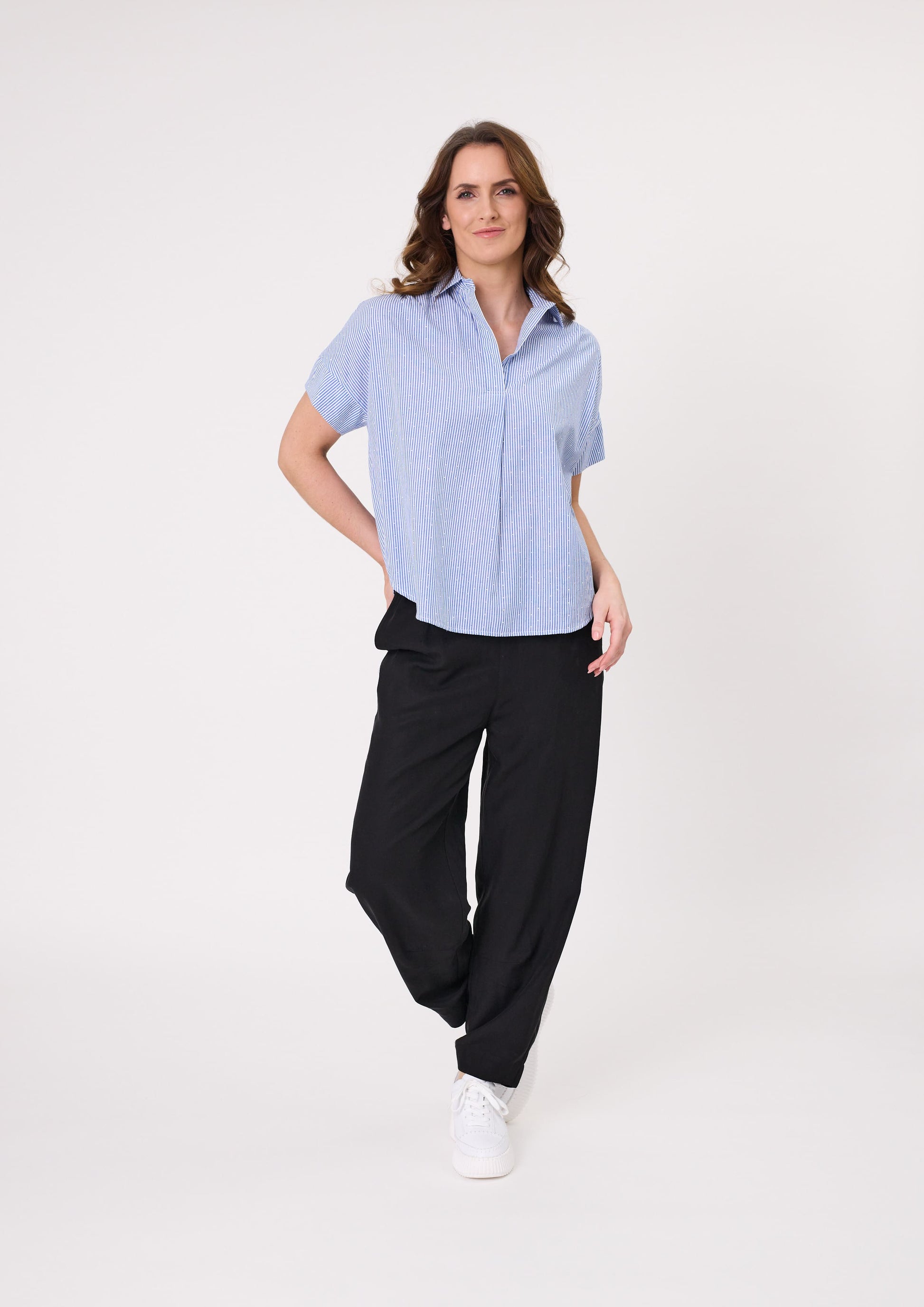 Dora Top with blue and white vertical stripes, light diamante detailing, and a classic collar, made from 100% cotton.