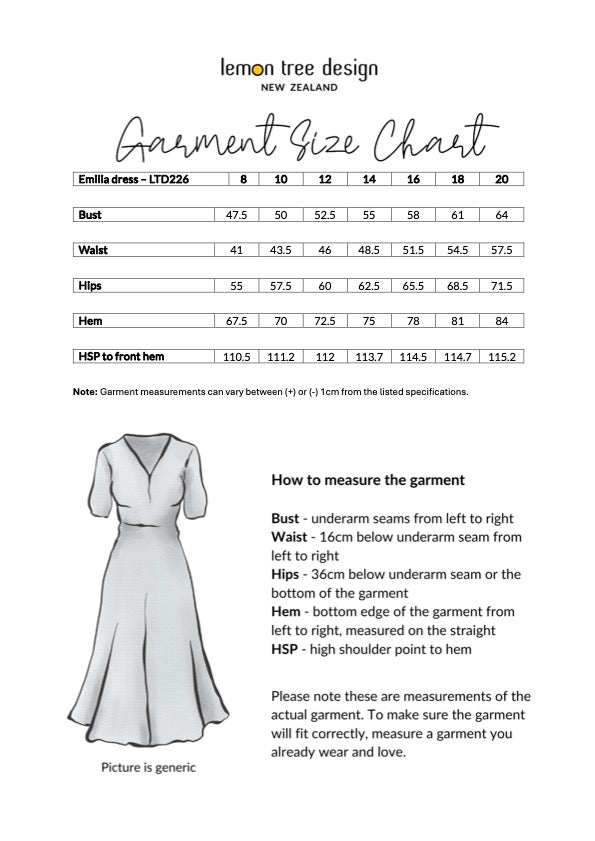 Emilia Dress size chart, showing bust, waist, hips, and hem measurements for sizes 8 to 20.