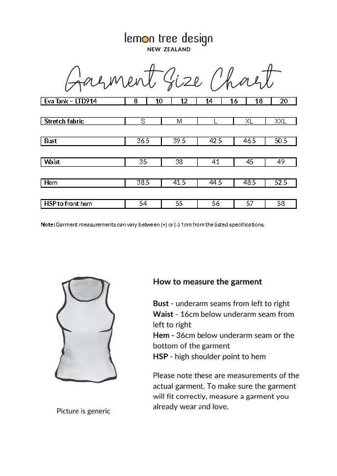 Eva Tank size chart, showing inside bust, waist, and hem measurements for sizes 8 to 20.