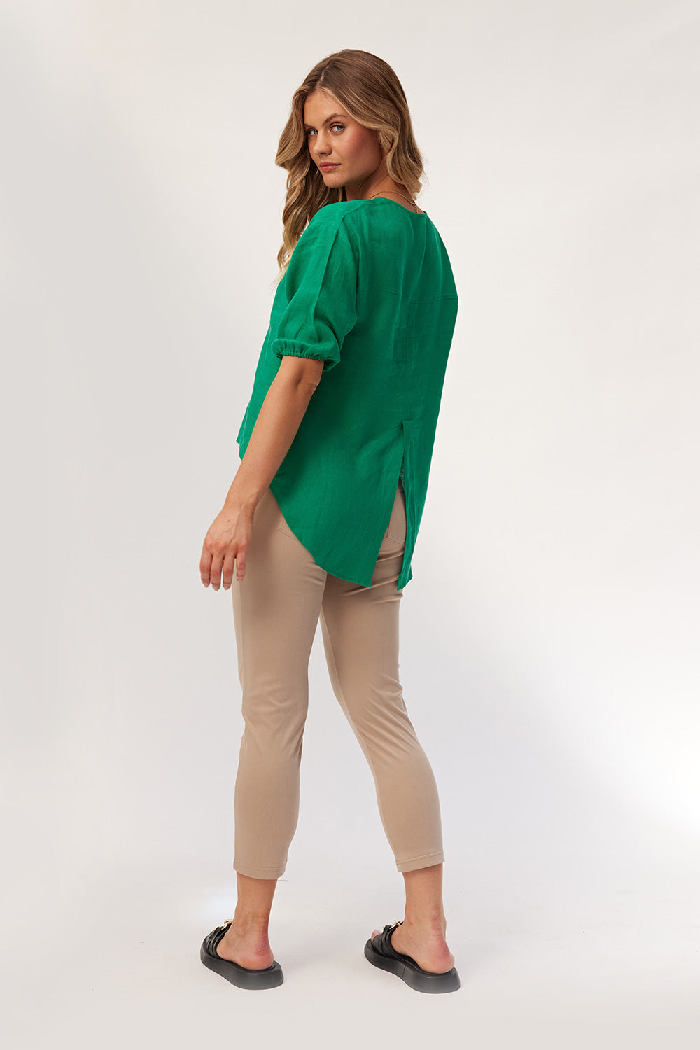 Back view of Gemma Pant in sand showing elasticated waistband and two functional back pockets.