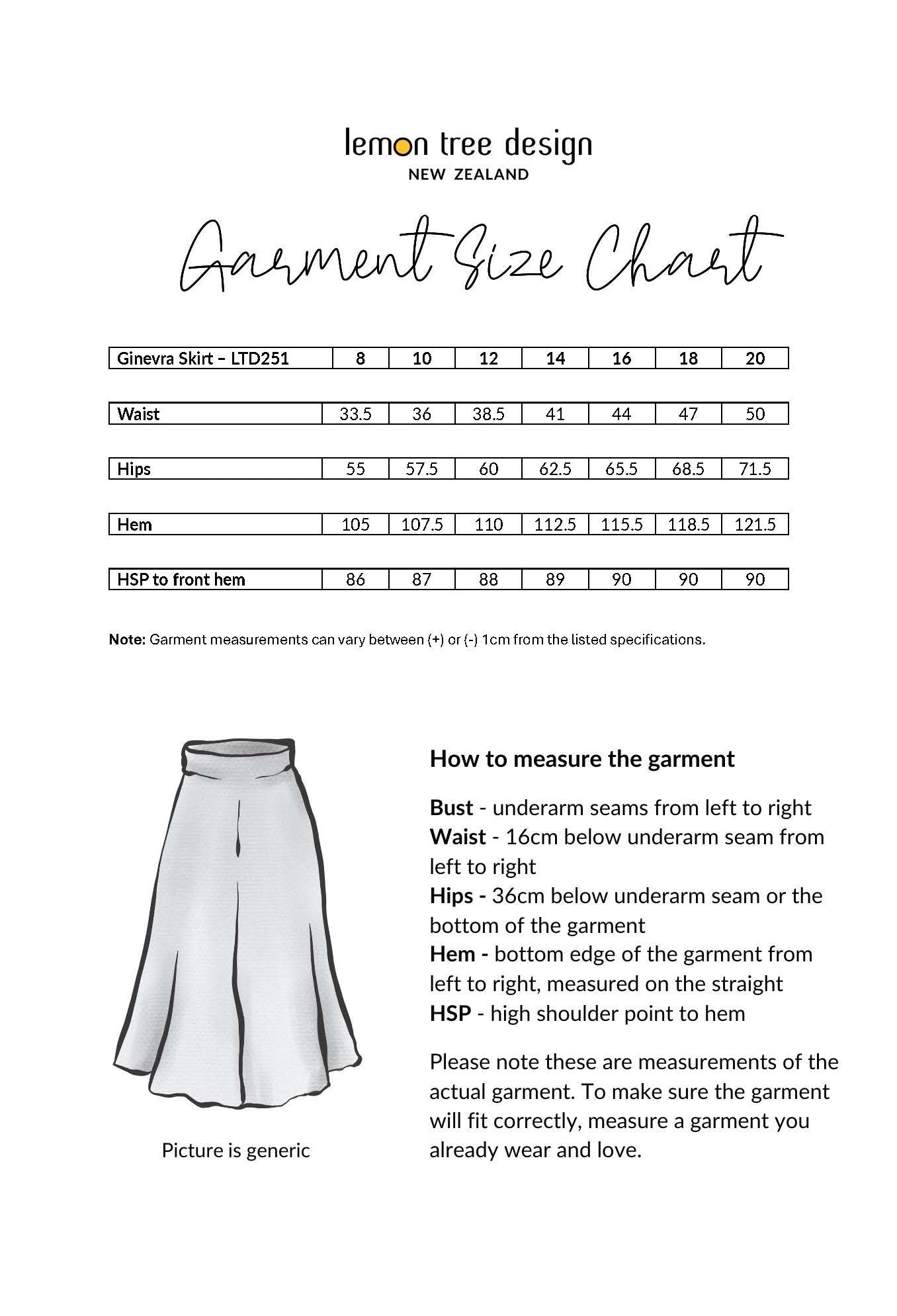 Ginevra Skirt size chart showing waist, hips, and hem measurements for sizes 8 to 20.