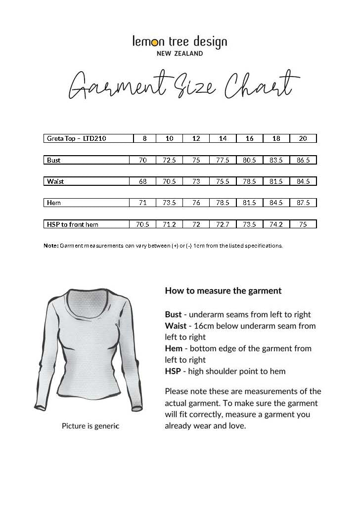 Greta Top size chart showing bust, waist, and hem measurements for sizes 8 to 20.