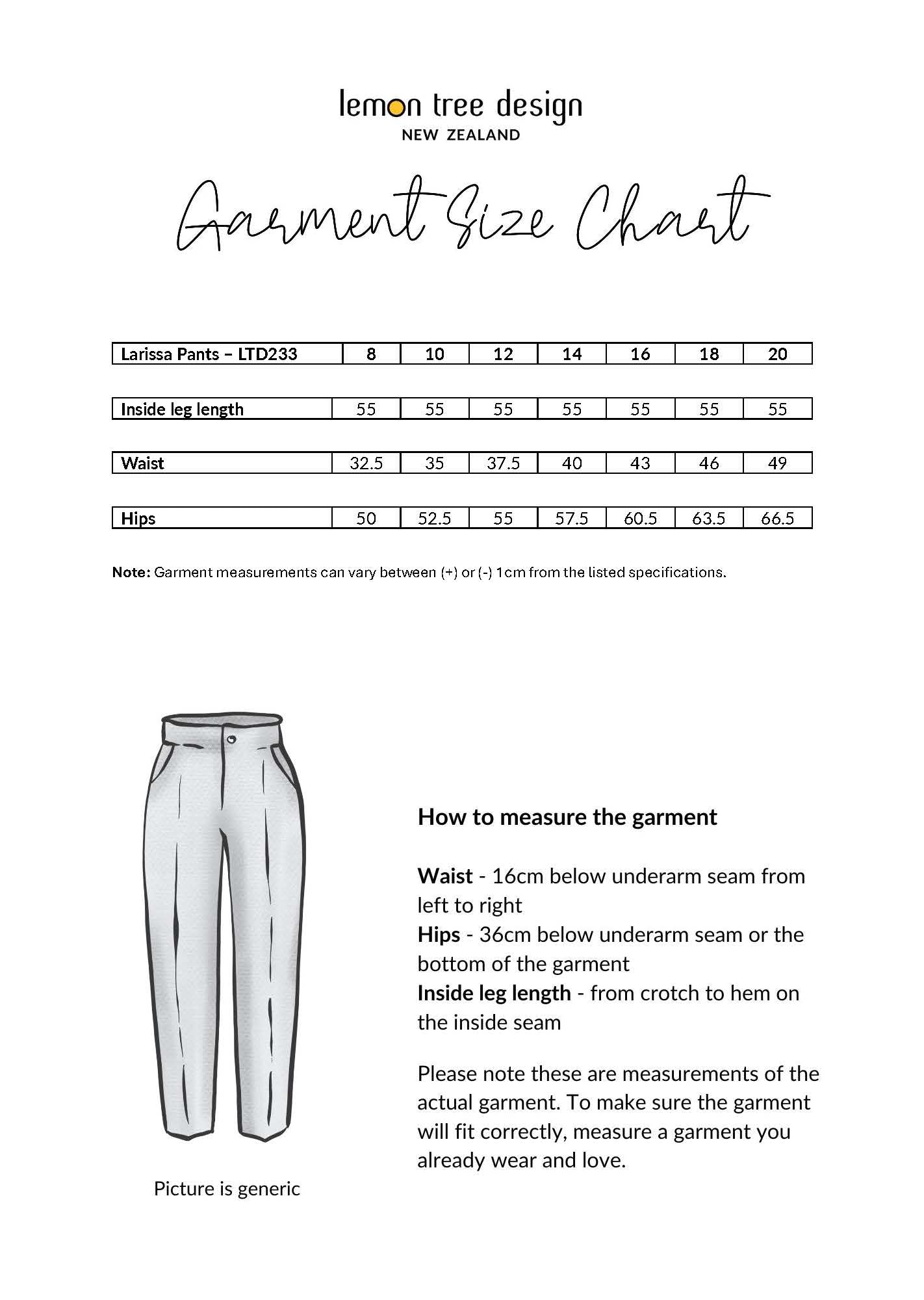 Larissa Pant size chart, showing inside leg length, waist, and hip measurements for sizes 8 to 20.