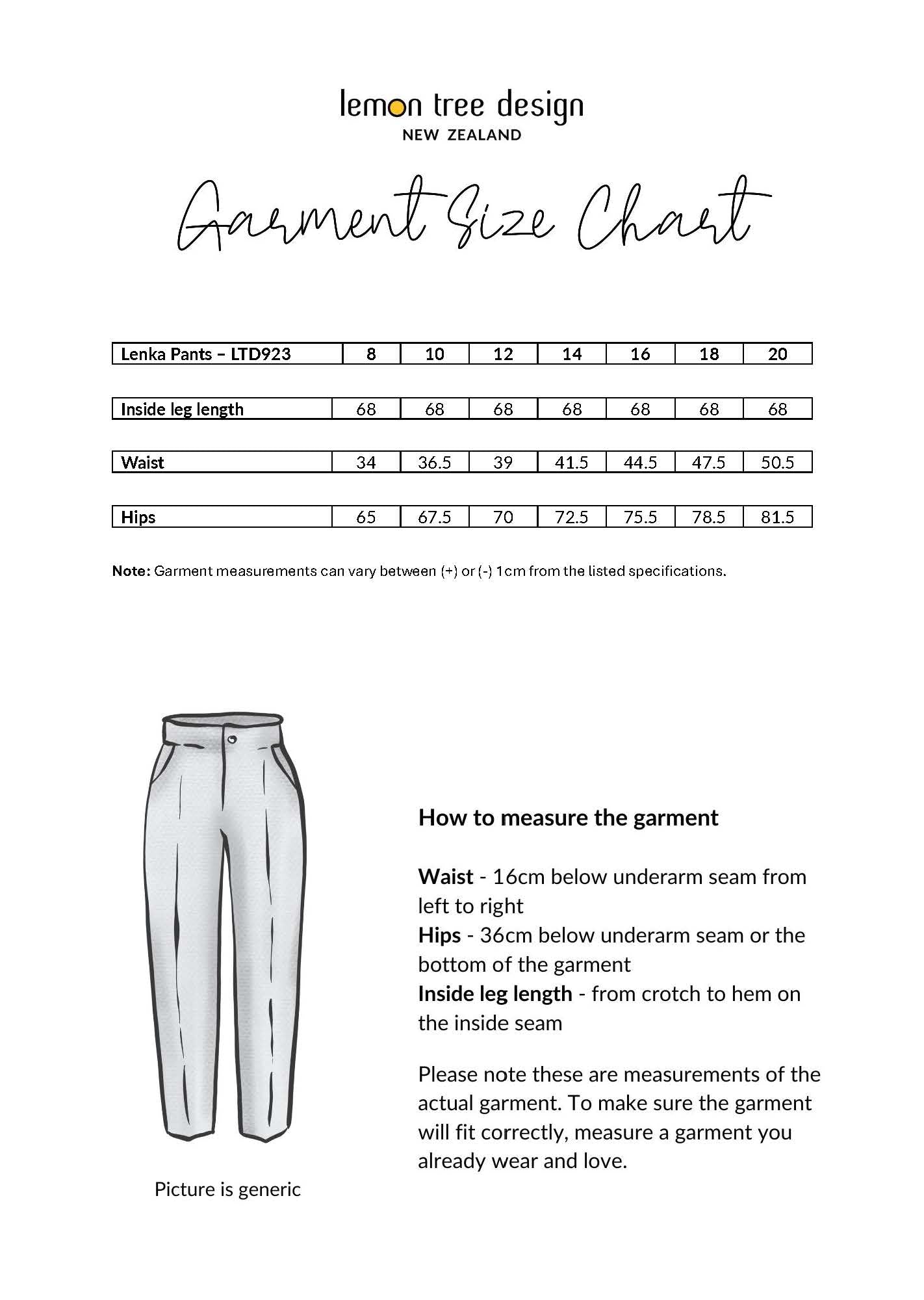 Lenka Pant Black size chart showing inside leg length, waist, and hips measurements for sizes 8 to 20.