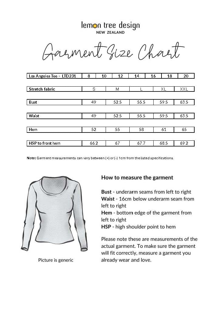 Los Angeles Tee size chart showing bust, waist, and hem measurements for sizes 8 to 20.