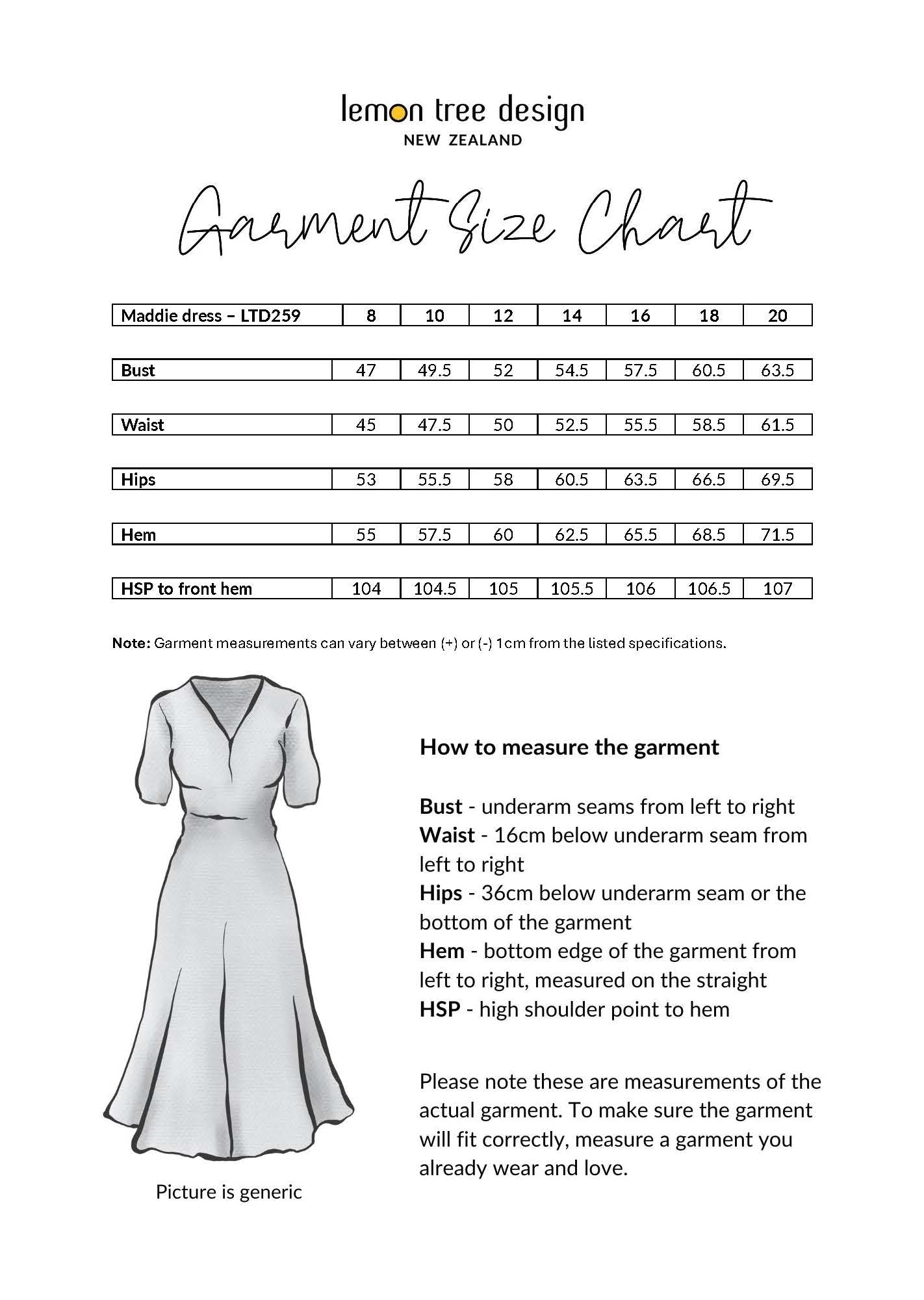 Maddie Dress size chart, showing bust, waist, hips, and hem measurements for sizes 8 to 20.