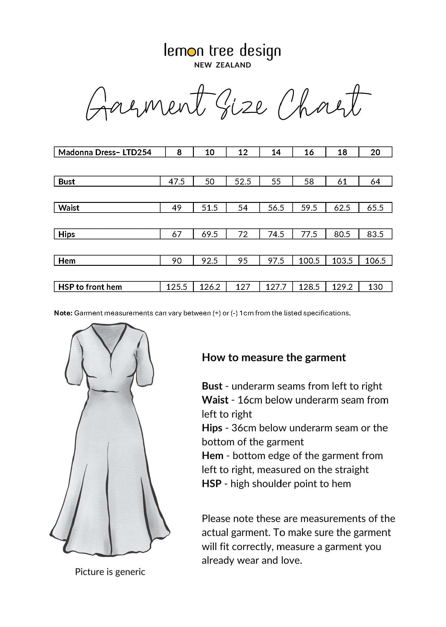 Madonna Dress size chart, showing bust, waist, and hip measurements for sizes 8 to 20.