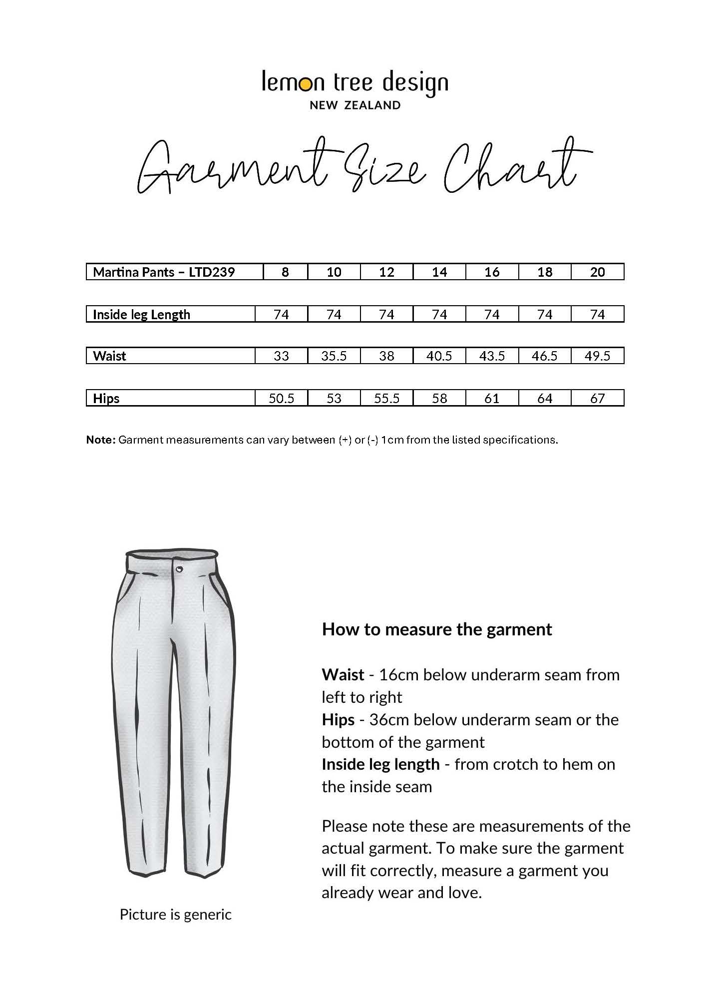 Martina Pant size chart, showing inside leg length, waist, and hip measurements for sizes 8 to 20.