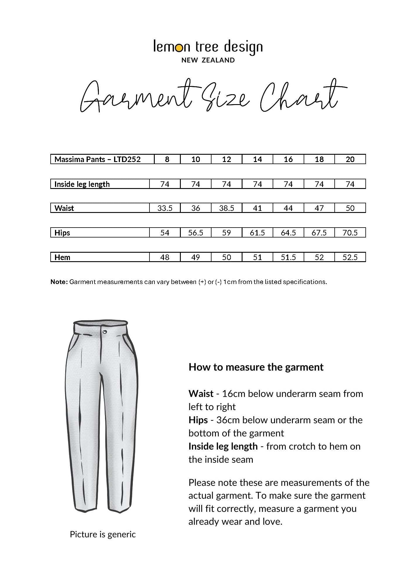 Massima Pant Floral Print size chart, showing inside leg length, waist, hips, and hem measurements for sizes 8 to 20.