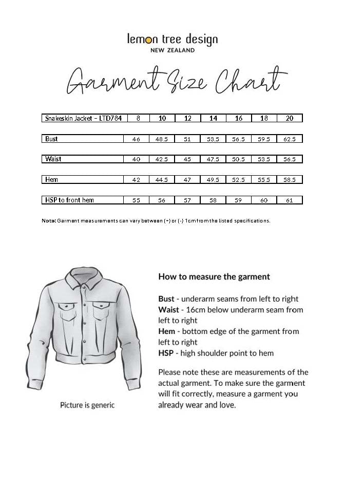 Mika Snakeskin Jacket size chart, showing bust, waist, and hem measurements for sizes 8 to 20.