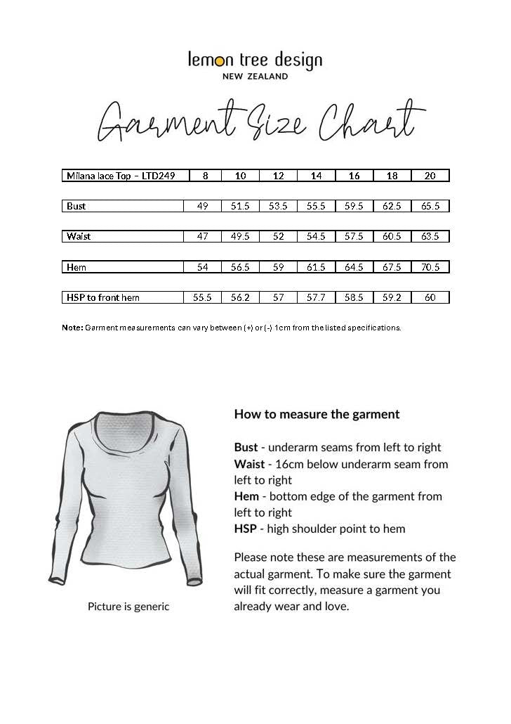 Milana Lace Top size chart, showing bust, waist, and hem measurements for sizes 8 to 20.