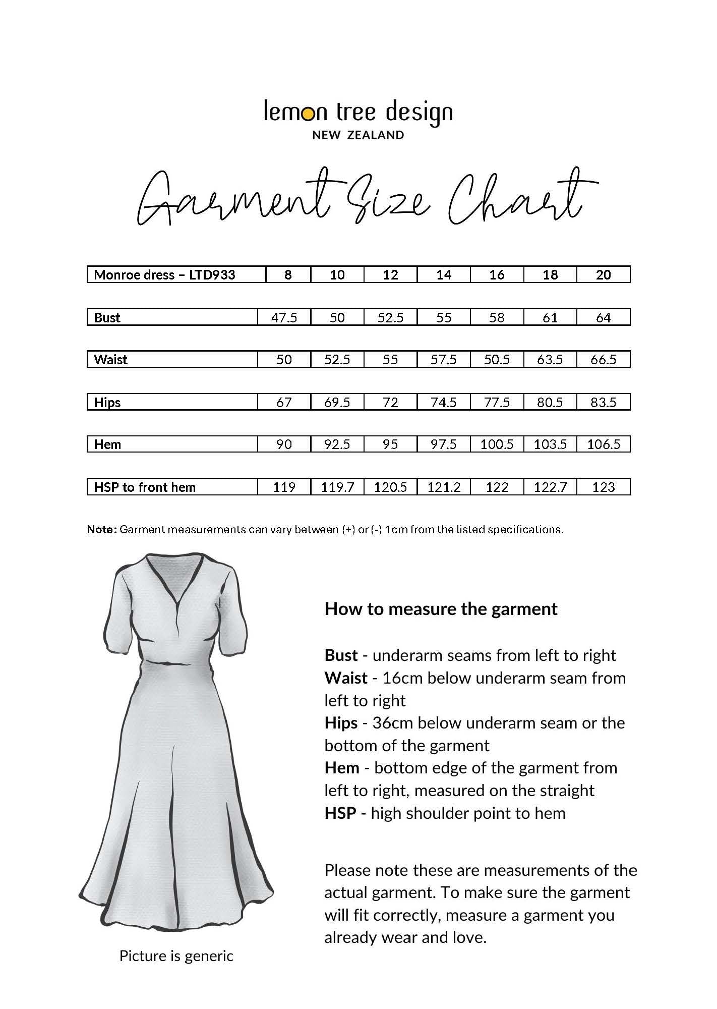 Monroe Dress size chart showing bust, waist, hips, and hem measurements for sizes 8 to 20.