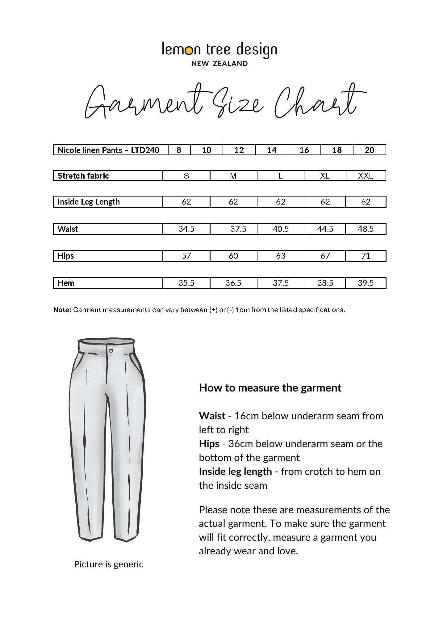 Nicole Linen Pant size chart, showing inside leg length, waist, hips, and hem measurements for sizes 8 to 20.