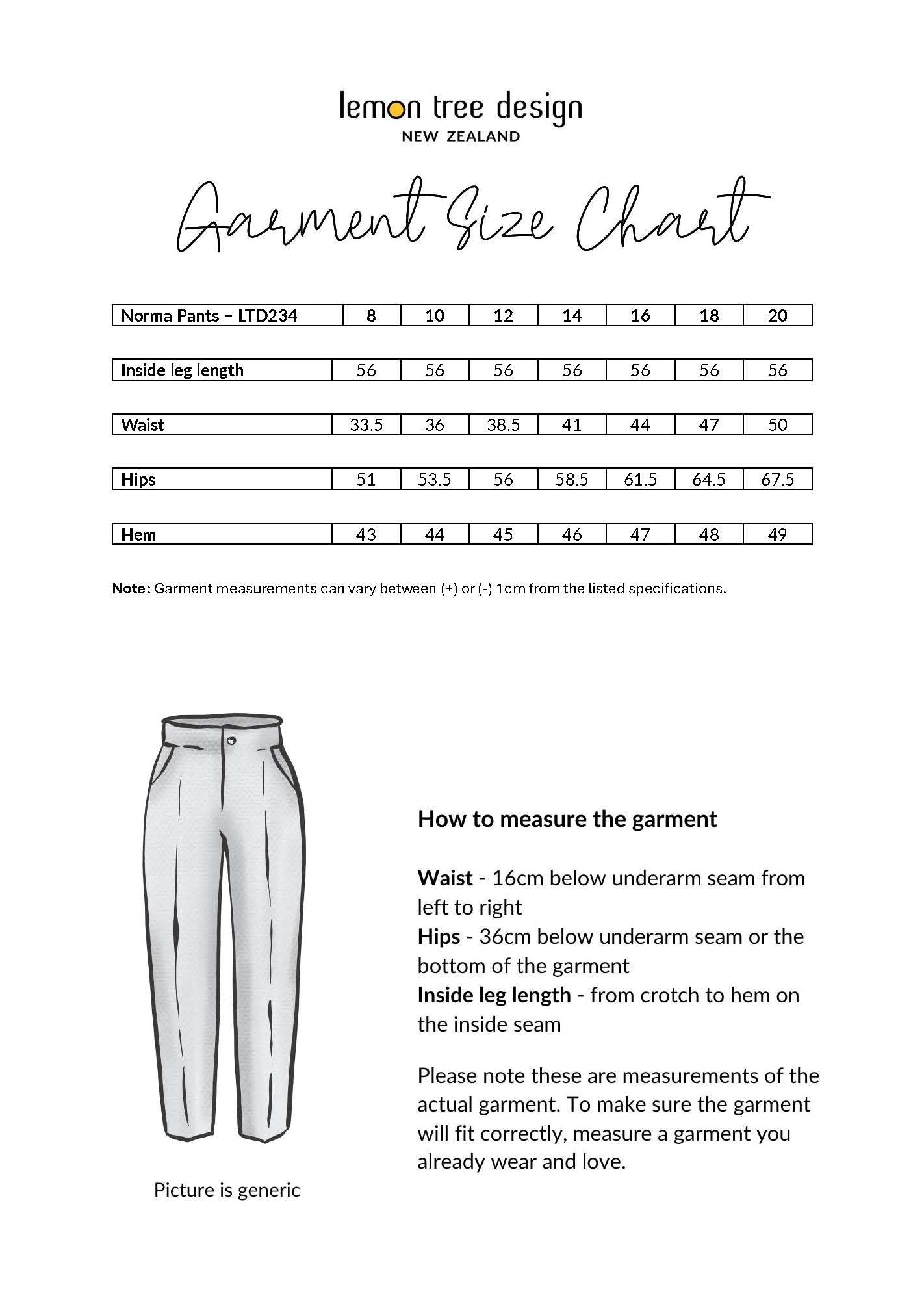Norma Pant size chart, showing waist, hips, and hem measurements for sizes 8 to 20.
