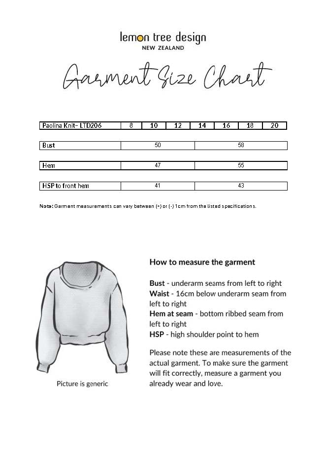 Paolina Knit size chart, showing bust and hem measurements for sizes 8 to 20. 