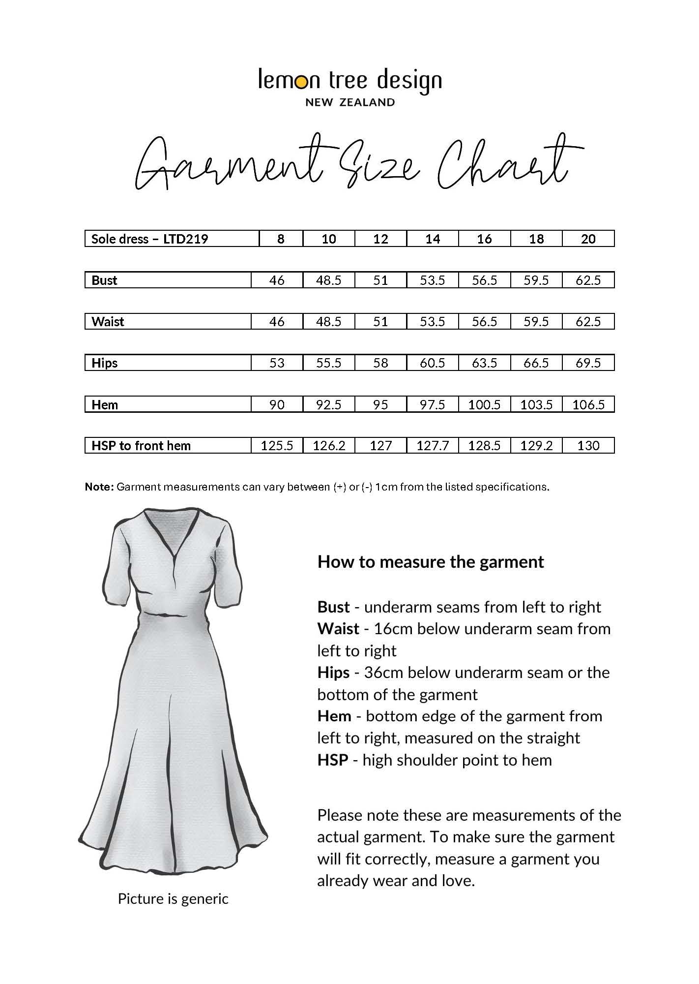 Sole Dress size chart, showing bust, waist,  hips, and hem measurements for sizes 8 to 20.