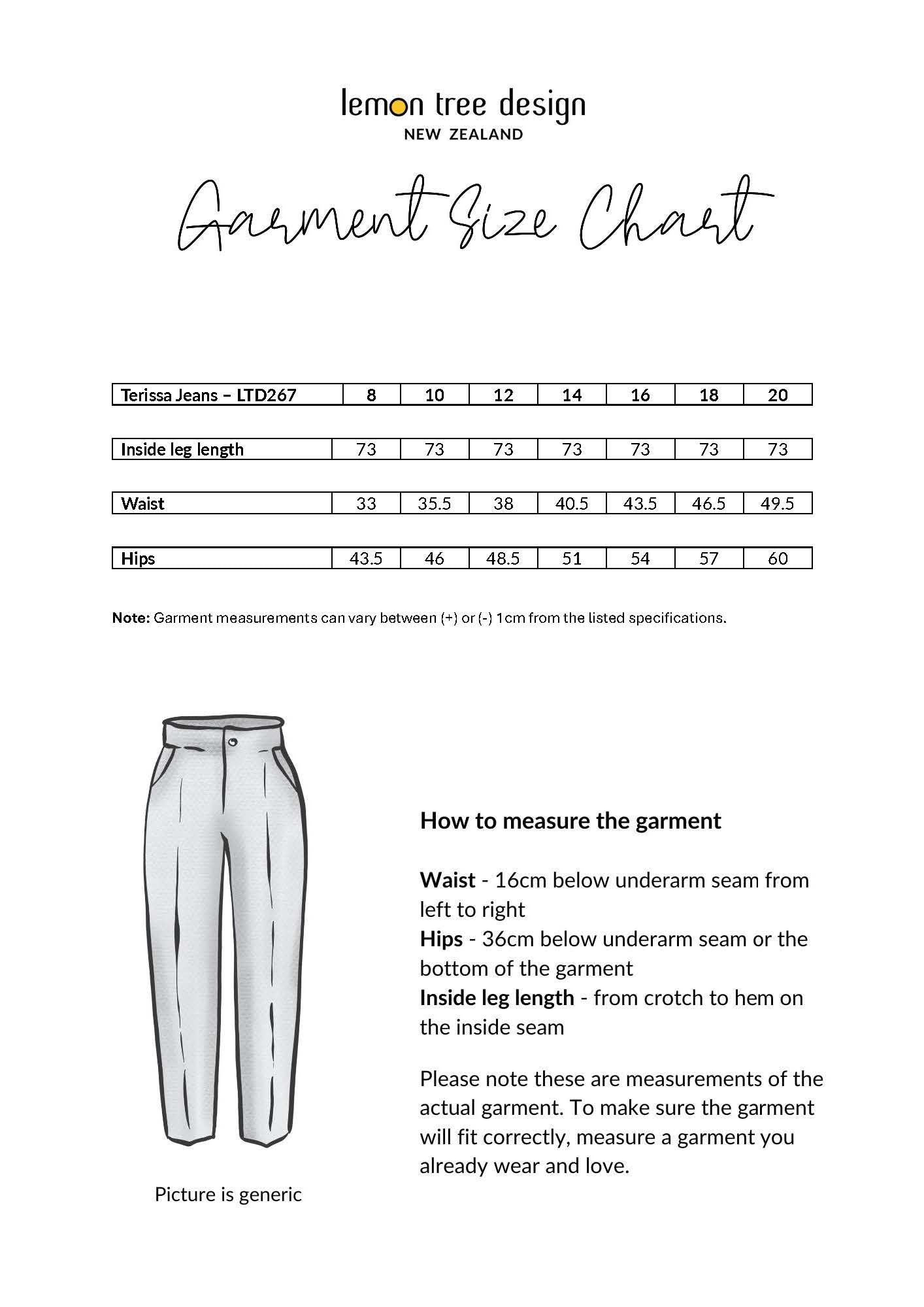 Terissa Jean size chart showing inside leg length, waist, and hip measurements for sizes 8 to 20.