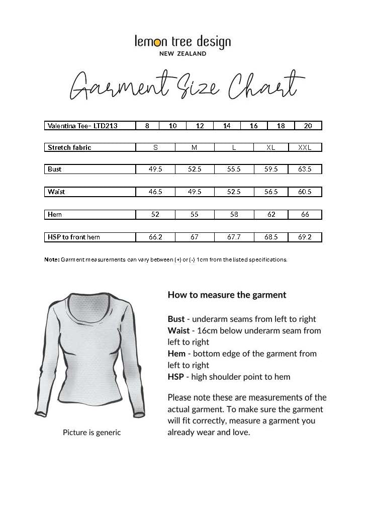 Valentina Tee size chart, showing bust, waist, and hem measurements for sizes 8 to 20.