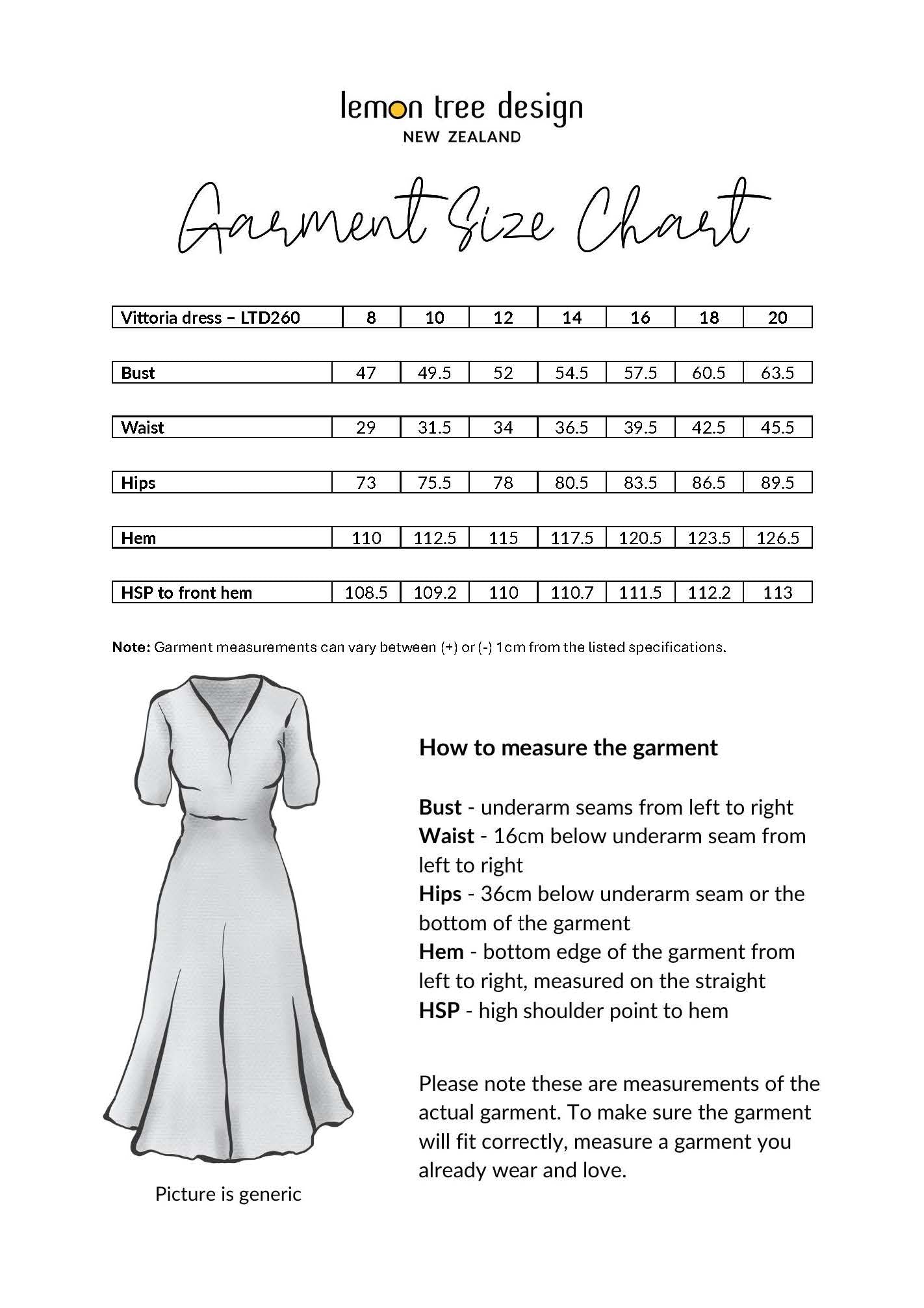 Vittoria Dress size chart, showing bust, waist, hip, and hem measurements for sizes 8 to 20.